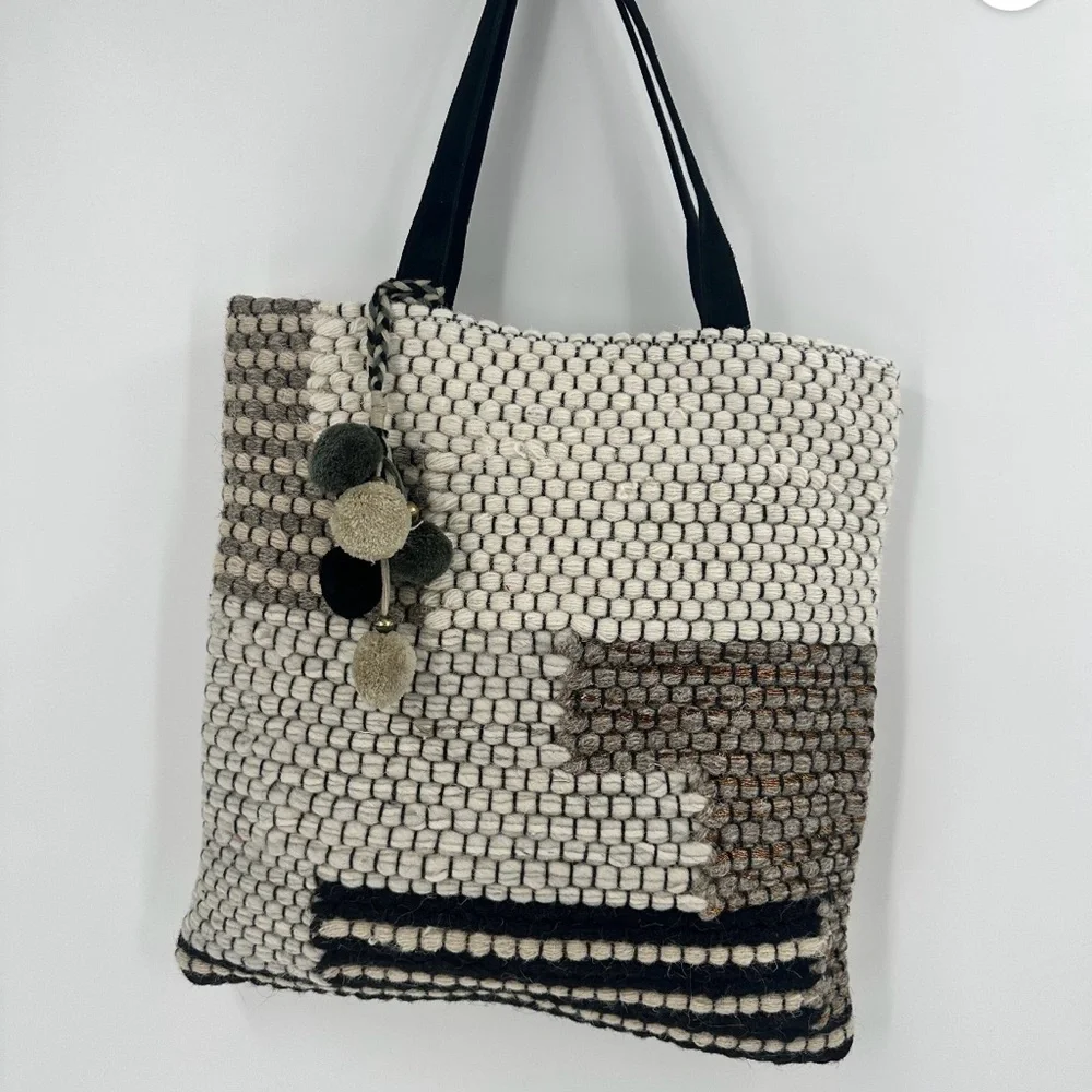 Stylish Woven Tote Bag - Black, White, and Brown